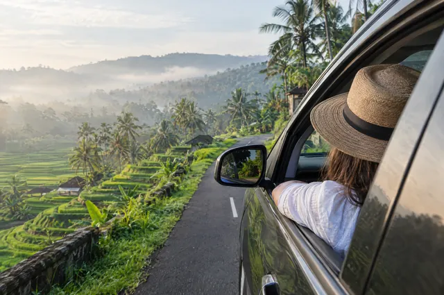 Pohľad z okna auta na ryžové terasy na Bali