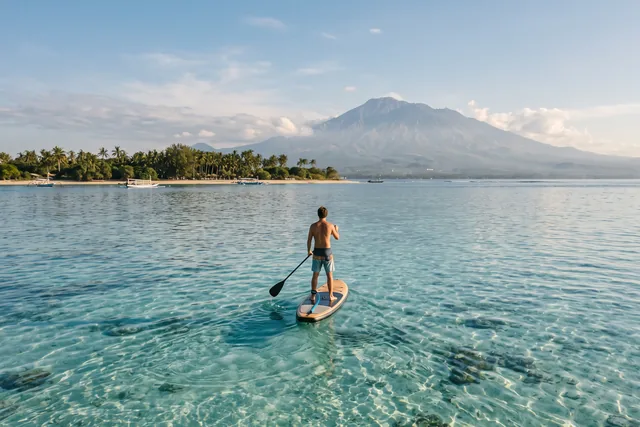 Paddleboard na tyrkysovej vode pri ostrovoch Gili, v diaľke sopka Rinjani
