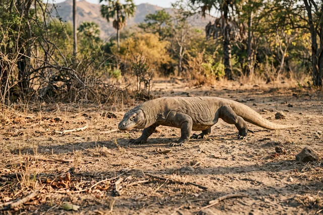 A Komodo dragon walking across dry ground at the forest edge