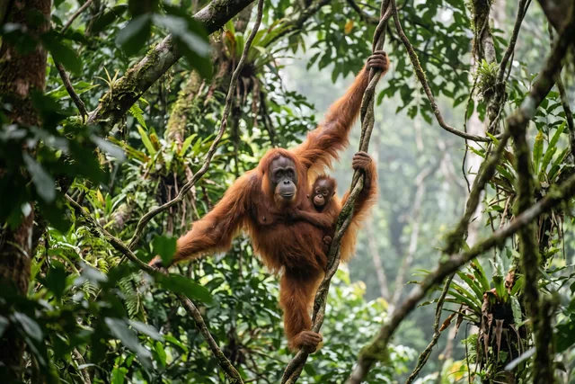 Samica orangutana s mláďaťom v korunách pralesa na Sumatre
