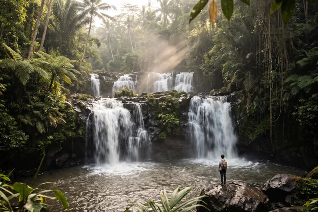 A wide waterfall tumbling over rock ledges in the jungle near Ubud