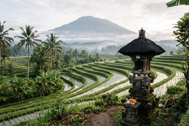 Sidemen valley rice terraces with a small Balinese shrine and Mount Agung in the morning haze