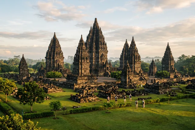 The Hindu temples of Prambanan near Yogyakarta in morning light, with pointed stone towers and a lawn