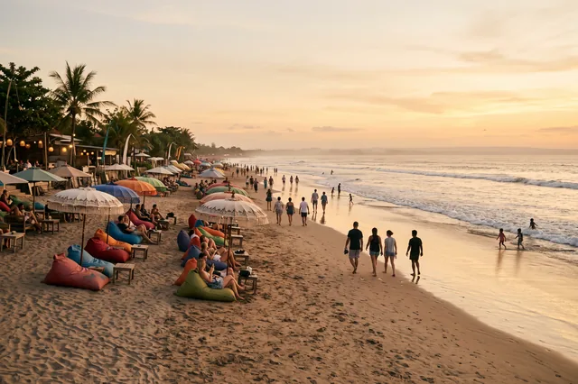 Seminyak beach at sunset with colourful beanbags and people strolling by the water