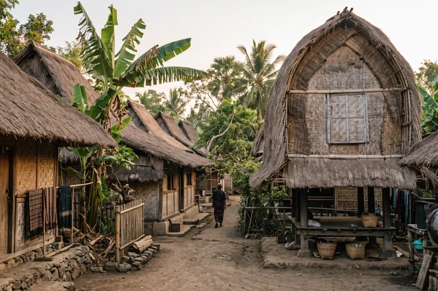 Traditional Sasak rice barns with curved thatched roofs in Sade village, Lombok