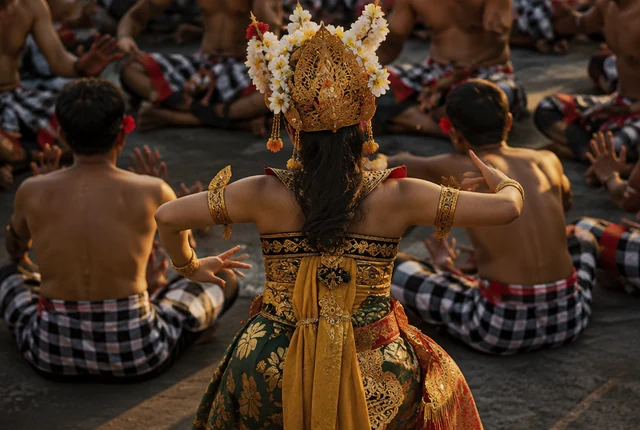 A close view of a Balinese Kecak performance