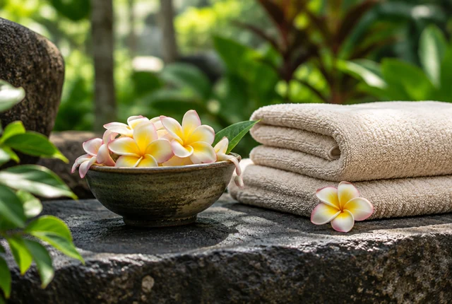 Frangipani flowers and towels against tropical greenery