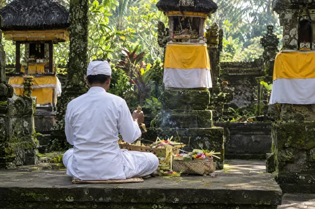 Illustrative image: a priest in white, seen from behind, seated before offerings in a family temple
