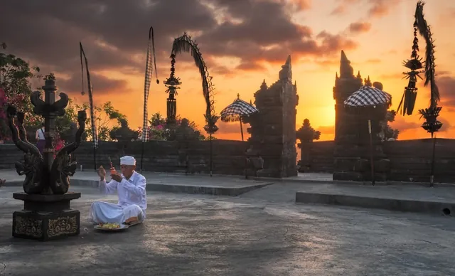 Balinese temple at sunset